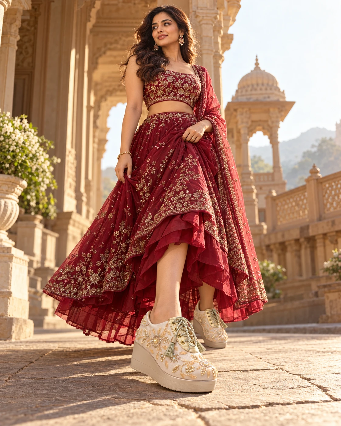 Model wearing ivory floral embroidered footwear in a heritage courtyard