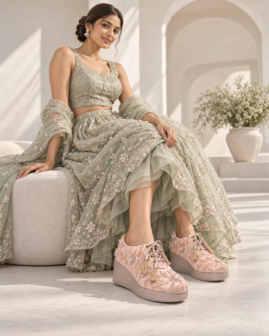 Model wearing blush pink pearl-embroidered festive wedges