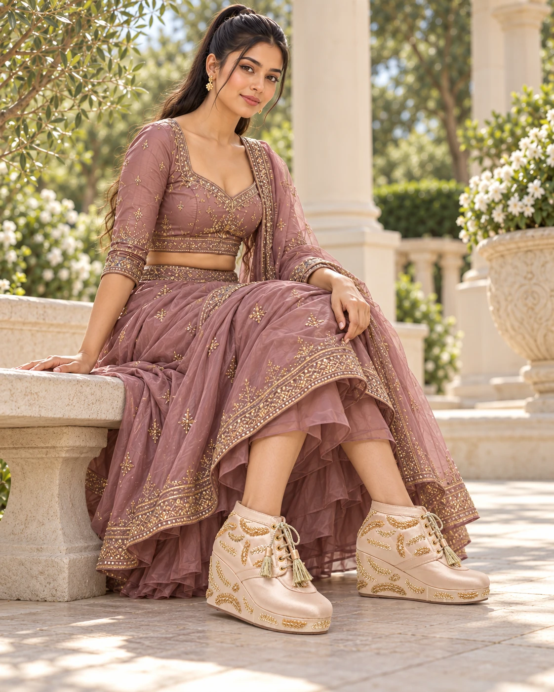 Model wearing champagne-gold embroidered celebration platforms