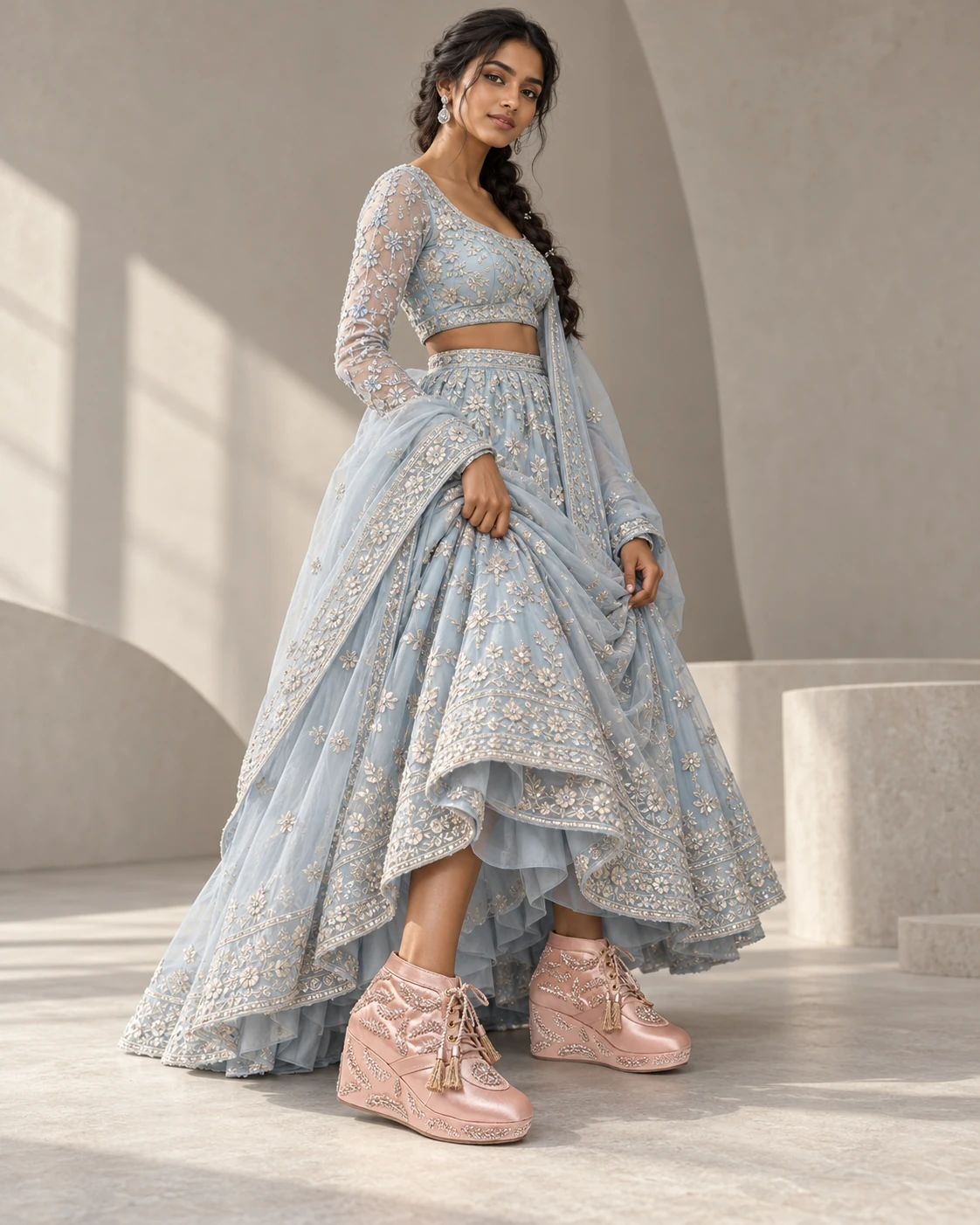 Roshan Satin Ankle Wedge — ROSE SATIN · SILVER LEAF