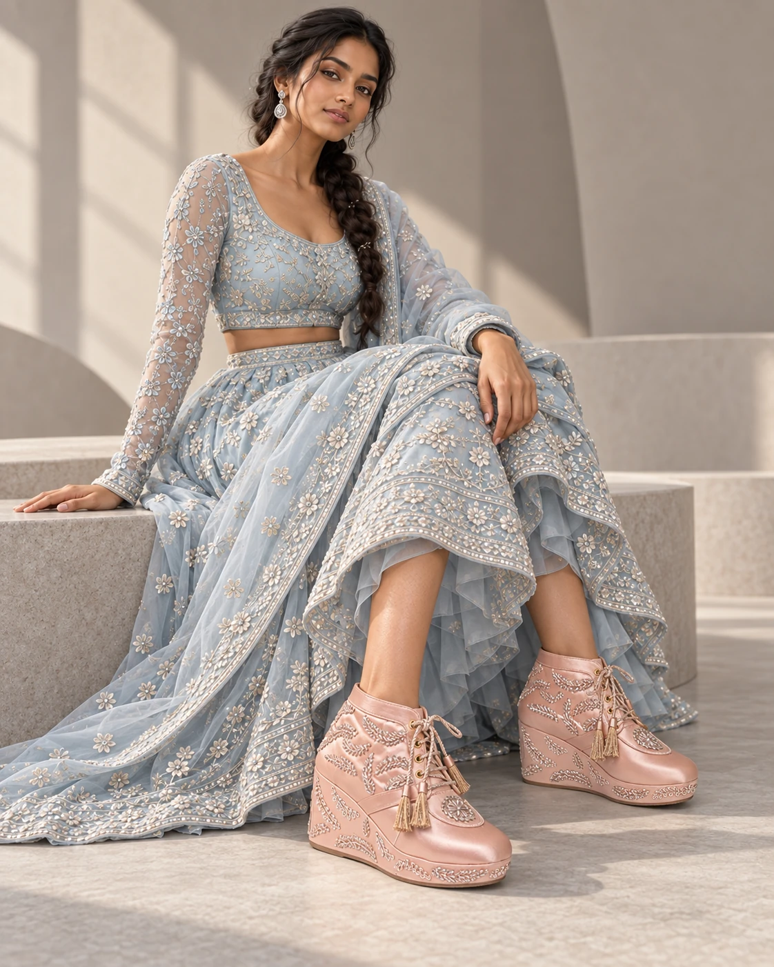 Model wearing rose satin embroidered ankle wedges
