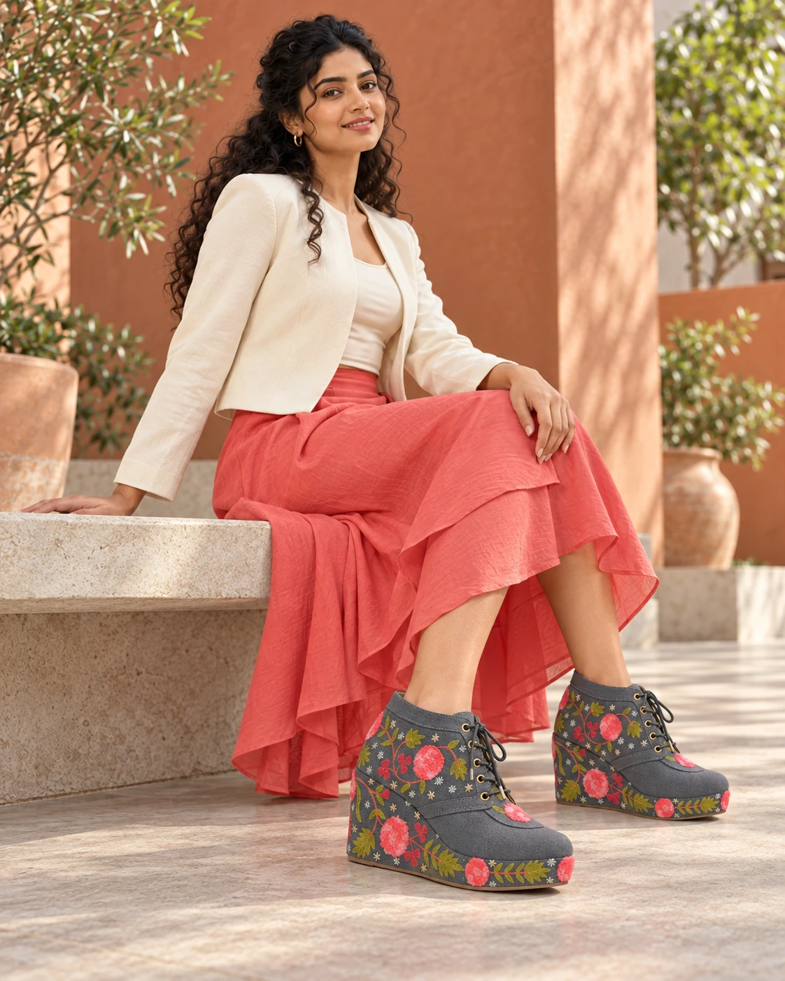 Model wearing black floral embroidered platforms