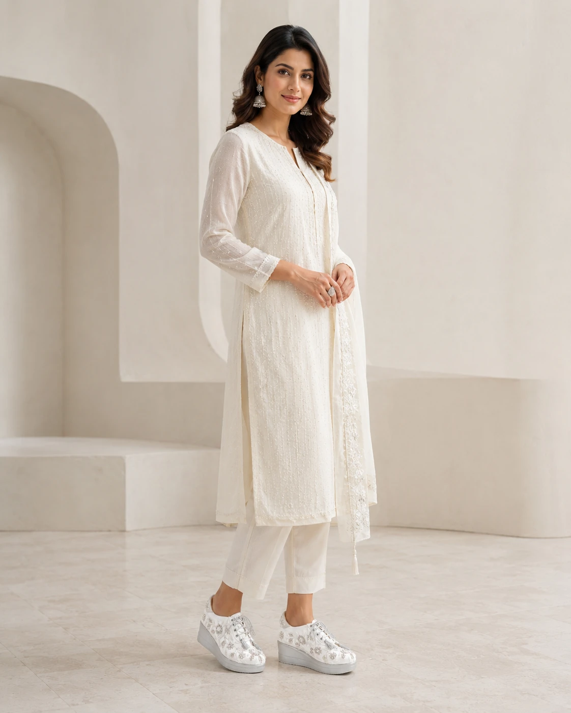 Professional model wearing Zaynaa white and silver embroidered shoes