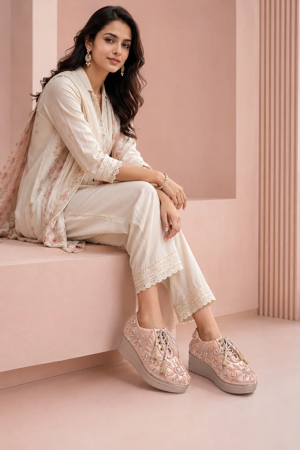 Professional model wearing Zaynaa blush hand-embroidered wedges