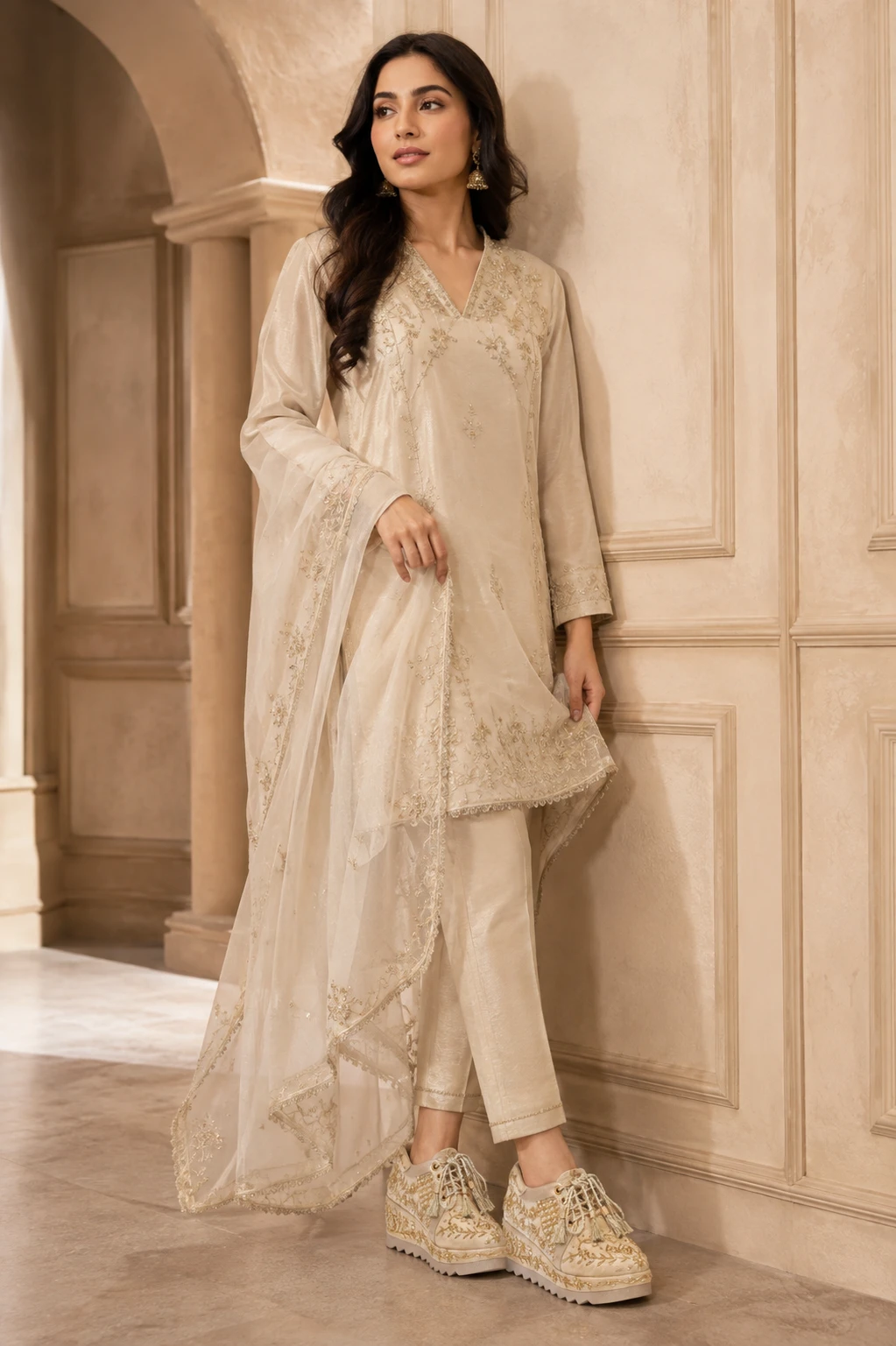 Professional model styling Zaynaa gold embroidered celebration platform footwear