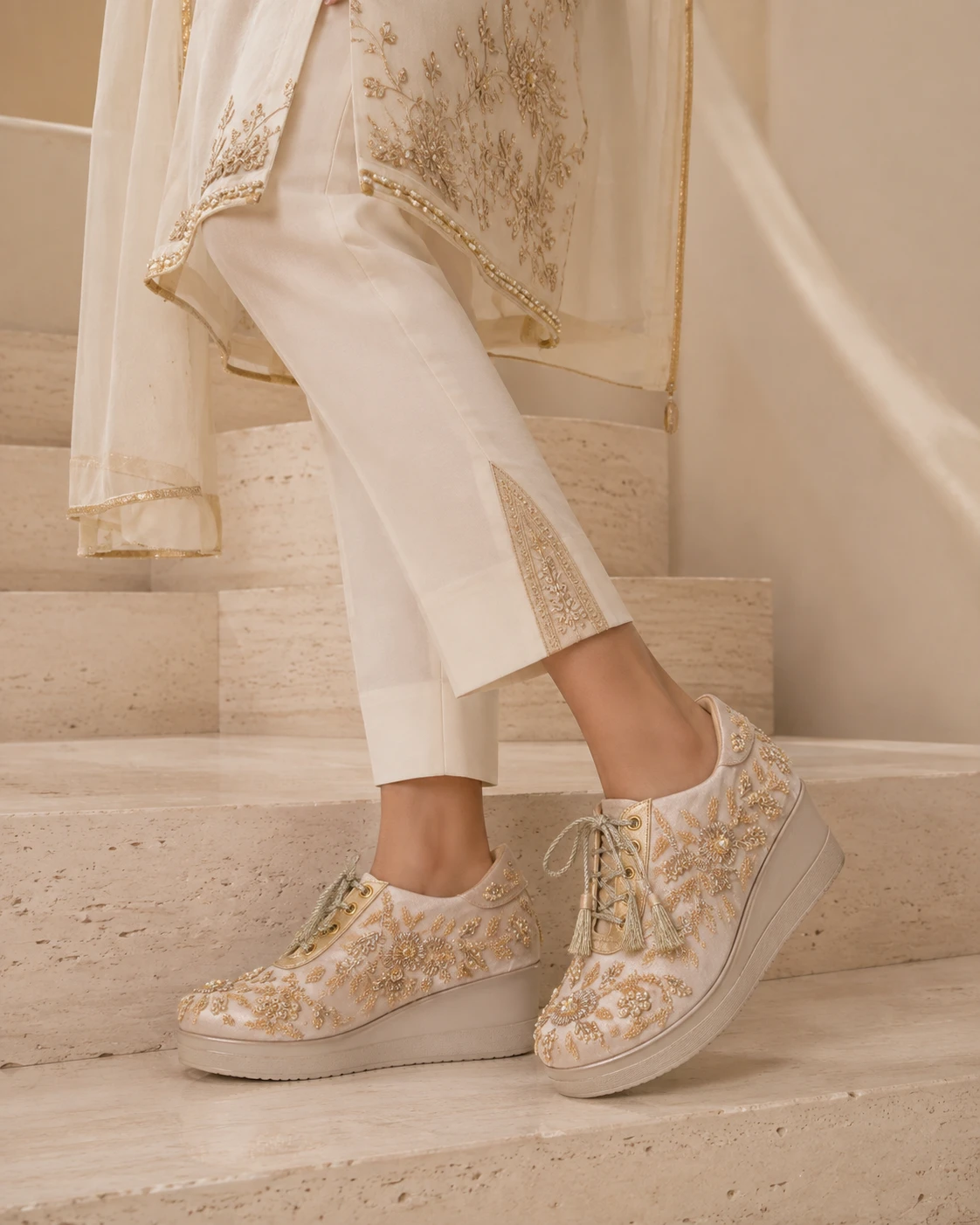 Zaynaa model wearing handcrafted embellished footwear